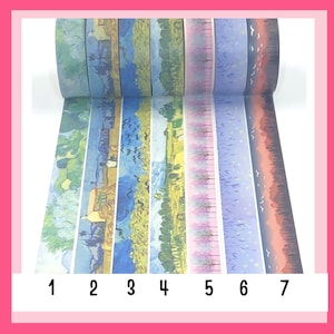 May include: Seven rolls of washi tape with different nature-inspired designs. The designs include trees, birds, and a house. The tape is on a white background.
