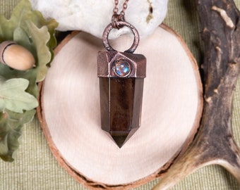 Smoky quartz tower necklace, Witchcraft occult jewelry, Spiritual statement necklace, Labradorite gemstone pendant, wiccan protective amulet