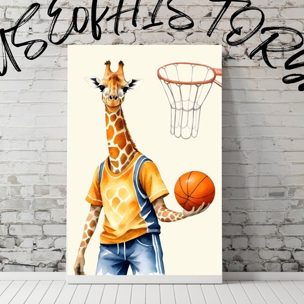 giraffe and basketball, Giraffe Basketball Player, Giraffe Watercolor, Nursery Painting Decor, Animals Sports Toddler, Animal Wall Art, JPG