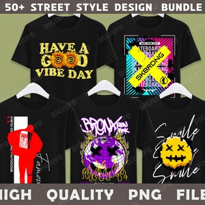 May include: A collection of black t-shirts with various graphic designs. Designs include the text "HAVE A GOOD VIBE DAY" with sunflower faces, a skateboard-themed design, and a design with the text "SKBRDNG". The image also includes the text "HIGH QUALITY PNG FILES".