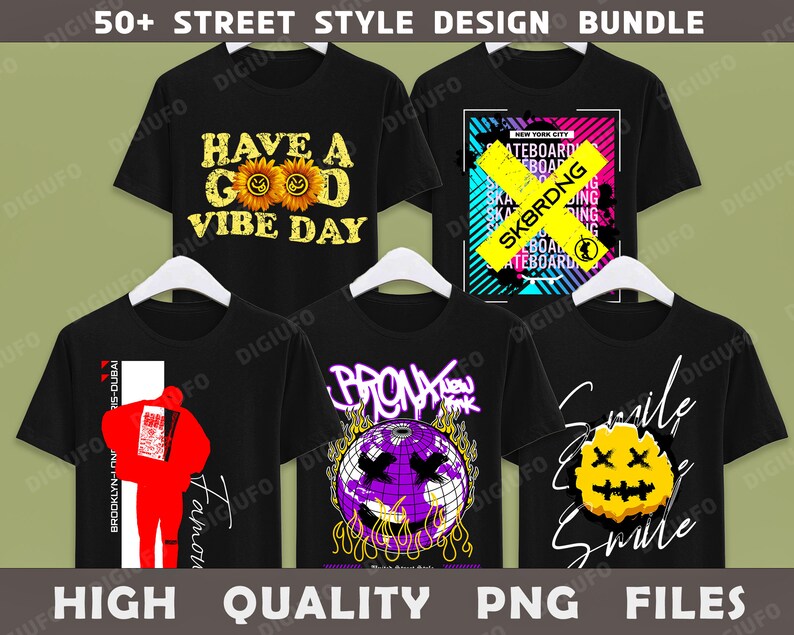 May include: A collection of black t-shirts with various graphic designs. Designs include the text "HAVE A GOOD VIBE DAY" with sunflower faces, a skateboard-themed design, and a design with the text "SKBRDNG". The image also includes the text "HIGH QUALITY PNG FILES".