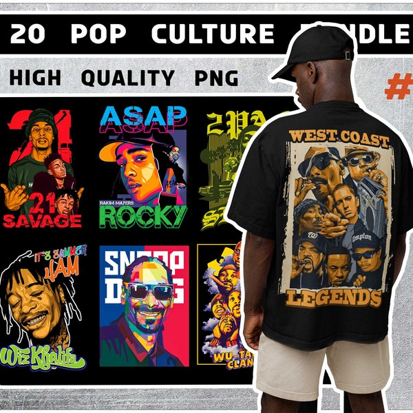 20 motifs de t-shirts de culture pop - PNG - Idéal pour les autocollants, les t-shirts, les sweats à capuche, les t-shirts hip hop bundle Png, les t-shirts occidentaux