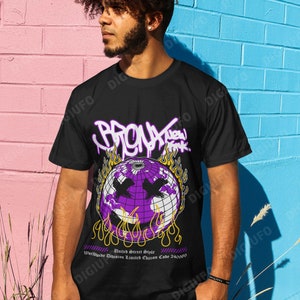 May include: Black t-shirt featuring a purple globe design with a smiley face and flames. The shirt has the text "BRONX NEW FUNK" in neon purple, and "Worldwide Division Limited Edition Code 240040" below the globe.