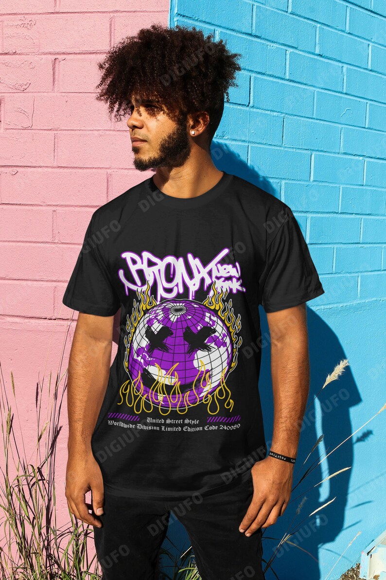 May include: Black t-shirt featuring a purple globe design with a smiley face and flames. The shirt has the text "BRONX NEW FUNK" in neon purple, and "Worldwide Division Limited Edition Code 240040" below the globe.