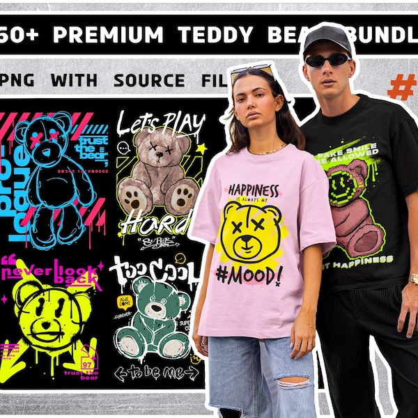 60 + Premium-Bundle mit edlem Teddybär-Design, modernes T-Shirt-Design-Bundle, Popkultur, urbane Kleidung, T-Shirt-Druckdesign