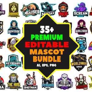 35 + premium EDITABLE MASCOT bundle, high quality print on demand logo designs, commercial use, gaming logo, AI, eps, Png, vector files