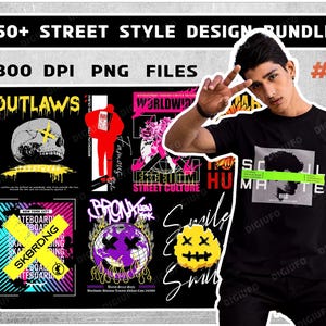 May include: A black t-shirt with a graphic design and a collection of street style designs. The designs include skulls, graffiti, and the text "OUTLAWS" and "SK8RDNG". The image also includes the text "50+ STREET STYLE DESIGN BUNDLE".