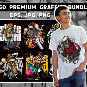 50 premium Graffiti Style T-Shirt design bundle for pod business, street art, hip hop designs, Digital Files, Png, eps, jpg Files