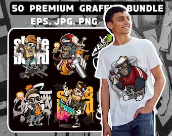50 premium Graffiti Style T-Shirt design bundle for pod business, street art, hip hop designs, Digital Files, Png, eps, jpg Files