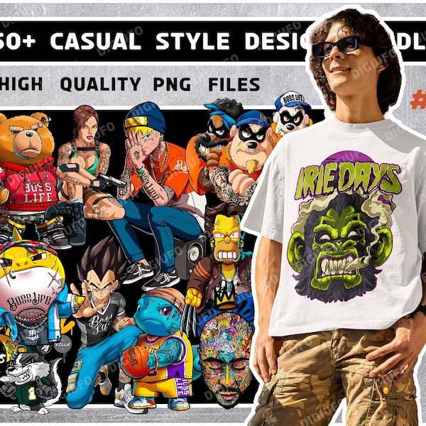 50+ Premium Casual Style design bundle, Modern T-Shirt Design Bundle, Pop Culture, Urban Clothing, T-Shirt Print Design