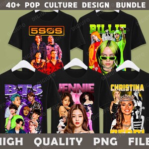 May include: A set of 6 black t-shirts with colorful graphic designs featuring popular music artists. The designs include BTS, 5SOS, Billie Eilish, Jennie, and Christina Aguilera.