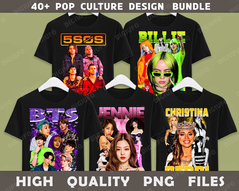 May include: A set of 6 black t-shirts with colorful graphic designs featuring popular music artists. The designs include BTS, 5SOS, Billie Eilish, Jennie, and Christina Aguilera.
