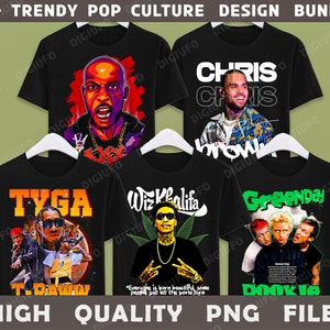 May include: A collection of black t-shirts featuring pop culture designs. The shirts display images of musicians such as Chris Brown, Tyga, Wiz Khalifa, and the band Green Day. The text "40+ TRENDY POP CULTURE DESIGN BUNDLE" is at the top.