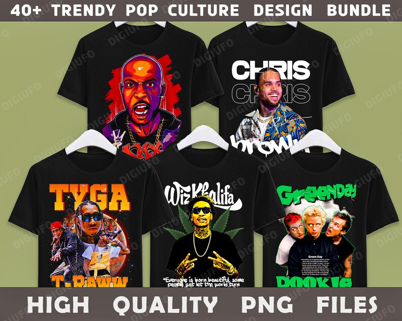May include: A collection of black t-shirts featuring pop culture designs. The shirts display images of musicians such as Chris Brown, Tyga, Wiz Khalifa, and the band Green Day. The text "40+ TRENDY POP CULTURE DESIGN BUNDLE" is at the top.