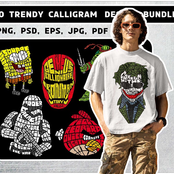 90 Trendy Calligram t-shirt pod design bundle, impression de haute qualité, fichiers à usage commercial pour Cricut, png, AI, fichier vectoriel, téléchargement numérique