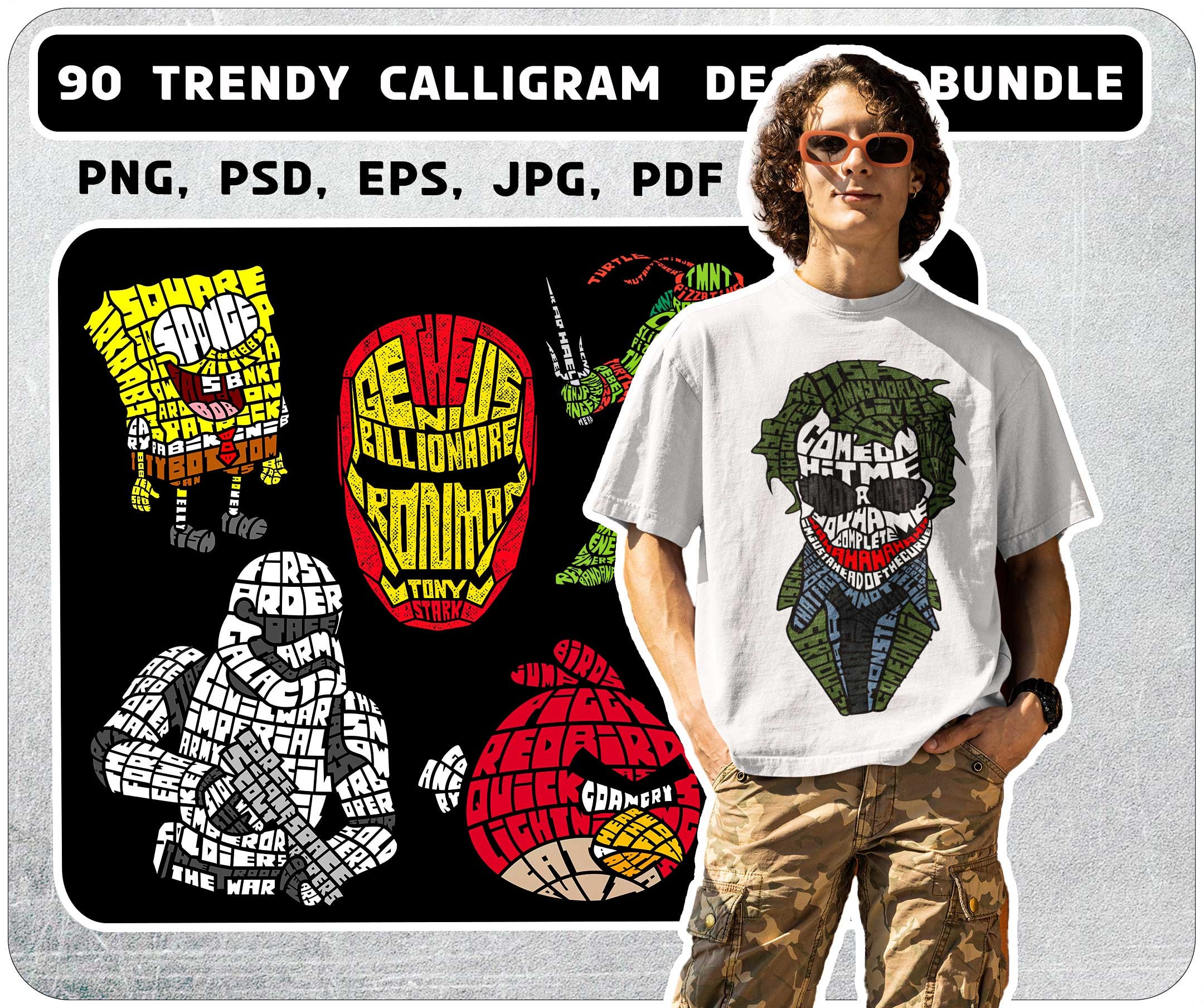 Vector Calligrams 90 Trendy Calligram T-shirt Pod Design Bundle, High Quality Print ...
