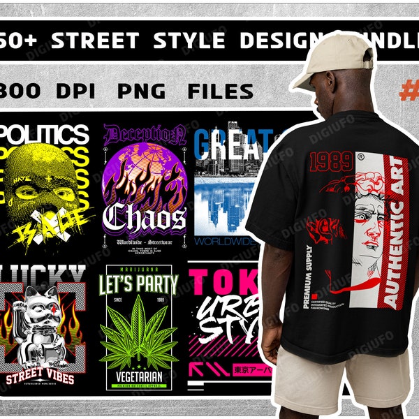 Pacchetto di design in stile urbano 50 + Premium Streetwear, pacchetto di design di t-shirt moderne, cultura pop, abbigliamento urbano, design di stampa di t-shirt