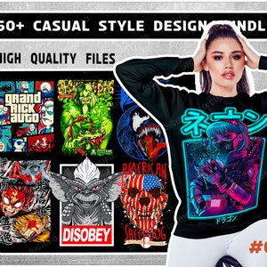 以下が含まれることがあります： 様々なカラフルなグラフィックデザインが施された黒いスウェットシャツ。デザインには、アメリカ国旗のついたドクロ、漫画のキャラクター、ビデオゲームのキャラクター、日本のアニメのキャラクターが含まれています。スウェットシャツには「ネコン」と「ドラゴン」の文字が見えます。