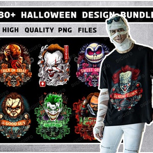 Plus de 80 modèles de t-shirts effrayants d’Halloween pour octobre - fichiers PNG de haute qualité, tee-shirt effrayant, impression 300 dpi, pack de conception de la culture occidentale