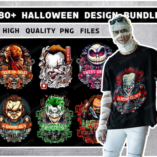 80+ Halloween Spooky T-Shirt Designs for October- high quality PNG files, Creepy tee, 300 dpi print, Western Culture design bundle