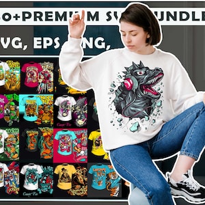May include: A collection of 50+ graphic t-shirt designs featuring a variety of colorful and creative illustrations. The designs include a dinosaur wearing headphones, a monster with a crown, a skull with a crown, and a variety of other fun and quirky characters. The designs are available in SVG, EPS, and PNG formats.