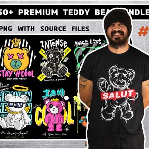 50+ Premium stijlvolle teddybeerontwerpbundel, moderne T-shirtontwerpbundel, popcultuur, stadskleding, T-shirtprintontwerp