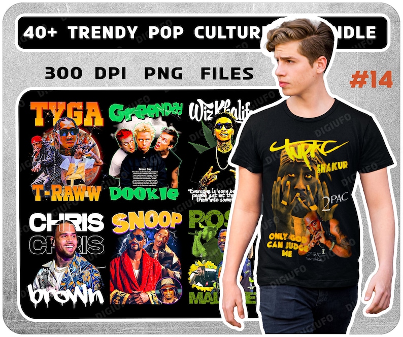 May include: Black t-shirt featuring a graphic of Tupac Shakur with the text "2PAC" and "Only God Can Judge Me." The image also shows a bundle of pop culture graphics with artists like Tyga, Green Day, and Snoop Dogg.