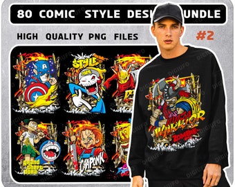 May include: A set of 80 comic style designs featuring characters in various poses and settings. The designs are in a vibrant color palette and include characters like a superhero, a zombie warrior, and a punk rock character. The designs are perfect for use on t-shirts, mugs, phone cases, and other merchandise.