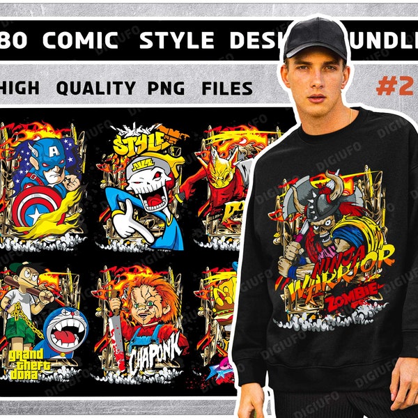 80 Comic Stil Png Bundle und mehr Bunte Halloween Tshirt Tassen Aufkleber Designs Hochauflösende Dateien, Mode Streetwear für junge Jungs