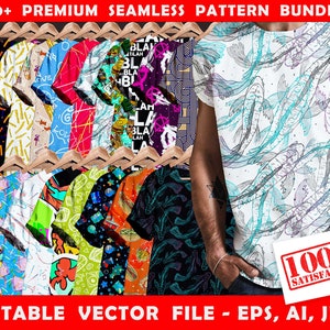 Peut inclure: Un ensemble de plus de 50 motifs sans couture présentant divers designs, y compris des formes géométriques, des motifs abstraits et des motifs floraux. Les motifs sont disponibles en fichiers vectoriels modifiables, y compris les formats EPS, AI et JPG. Le texte "100% Satisfaction" est affiché sur une bannière rouge.