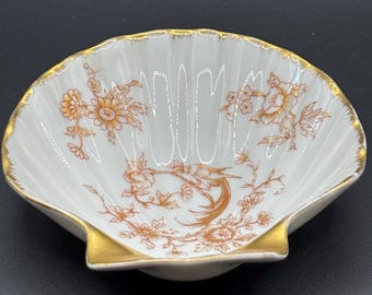 Limoges Porcelain Scallop Trinket Dish, gold decoration, vintage, France