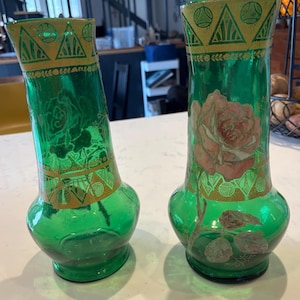 LeGras Art Nouveau Vases, Blown Glass & Enameled and hand painted, French, 1900, pair of vases