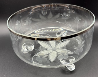 Cuenco vintage de cristal de Princess House con borde plateado. Flores grabadas. En perfecto estado.
