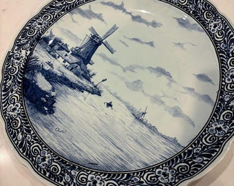 Boch Delft Windmill Blue and White Charger, Plate, Platter. 15.5  inch, SIGNED