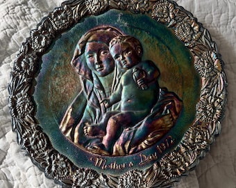 Assiette Fenton Carnival Glass 1972 pour la Fête des Mères, Bleu irisé