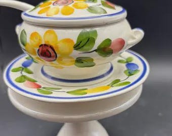 Anfora Agueda Pottery, Condiment / Jam Pot Set, Portugal, lidded bowl, underplate, and spoon, hand-painted