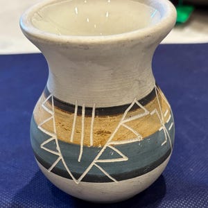 Sioux Pottery Vase, small urn, signed, geometric design