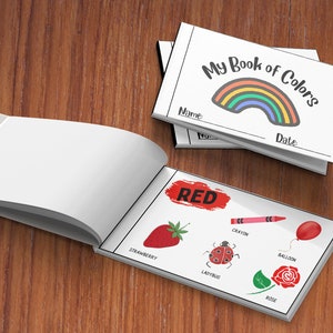 May include: An open book titled "My Book of Colors" with a page showing the color red and illustrations of a strawberry, ladybug, crayon, balloon, and rose.