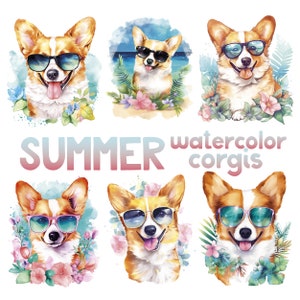Corgis PNG, Sommer Corgis Aquarell Clipart, digitaler Download, Ideal für die Kartenherstellung, Wandkunst, Hunde DIY-Projekte, Sublimations Corgis PNG