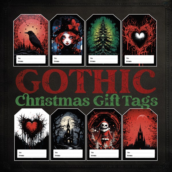 Gothic Christmas Gift Tags, Printable Gothic Art Gift Tags, Unconventional Dark Aesthetic Goth-Inspired Holiday Gifting Tags, Stocking Tags