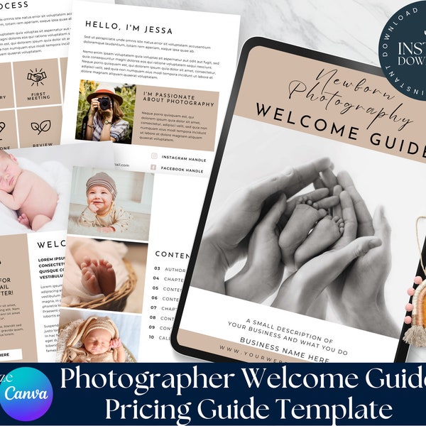 Photography Welcome Guide Canva Baby | INSTANT DOWNLOAD | Price Guide Newborn Photographer | Magazine | Client Guide | Editable Template |