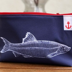 Kosmetikbeutel, Schminktasche, Aufbewahrung, Ladekabel, Utensilo, Fische, rot und blau, beschichtete Baumwolle, waschbar, Schminkbeutel