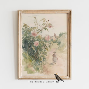 May include: A framed watercolor painting depicting a young girl walking down a path lined with pink roses and lush greenery. A small cottage is visible in the background.