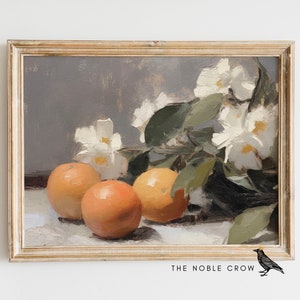 Pintura al óleo de naranjas y flores de cocina rústica, pintura inglesa vintage, arte europeo vintage del siglo XIX imprimible, impresiones de arte, ARK1004