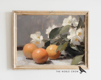 Rustic Kitchen Oranges & Blossoms Oil Painting, Vintage English Painting, Vintage European Art 19th Century Printable, Art Prints, ARK1004