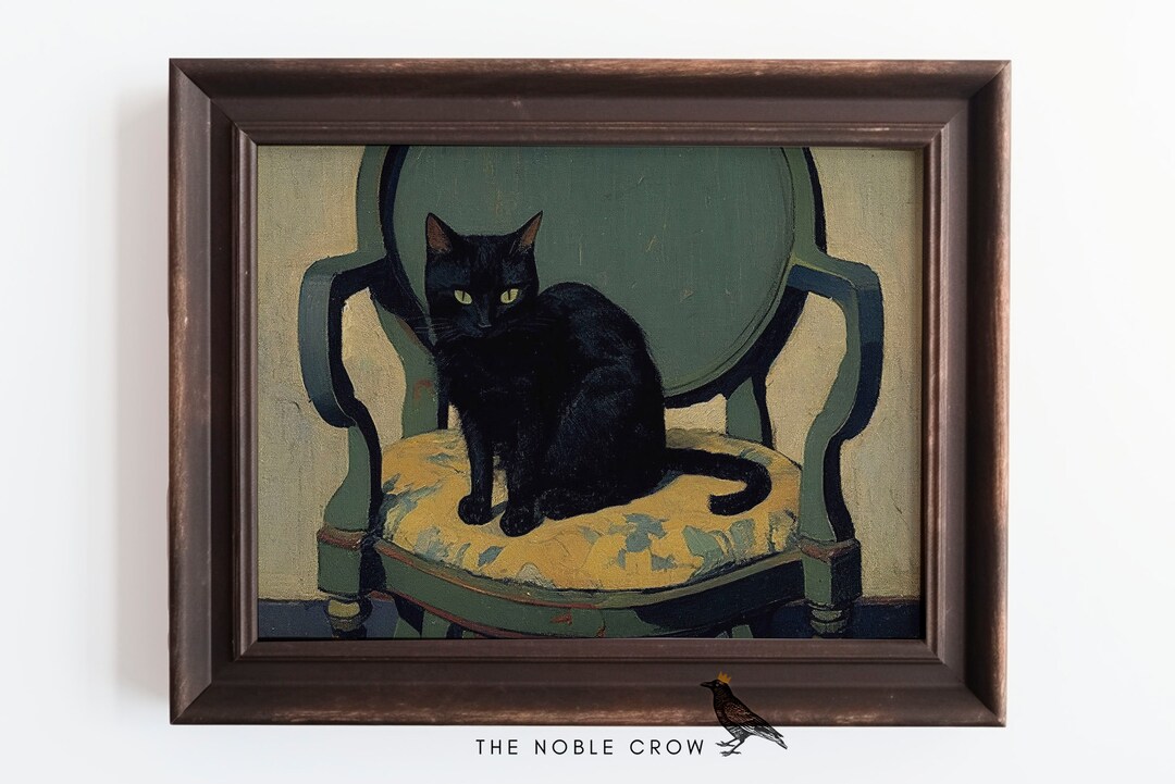 Dark Moody Black Cat Art Print | Dark Academia Wall Art | Vintage Art ...