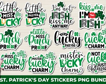 Puede incluir: Un conjunto de 12 pegatinas del Día de San Patricio con varios diseños en verde, negro y blanco. Las pegatinas incluyen frases como "little miss lucky", "pinch proof", "I'm a lucky mom" y "not lucky just blessed".