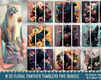 10 3D Floral Panther Tumblers PNG Bundle, 3D Floral Panther skinny tumbler, Panther skinny tumbler, Floral tumbler, Digital files