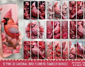 12 Pink 3D Cardinal Bird Flowers Tumbler Bundle, 3D Cardinal Bird tumbler, Floral bird tumbler, Cardinal Bird skinny tumbler, 20Oz tumbler