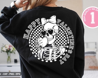 May include: A black t-shirt with a white graphic of a skeleton wearing heart-shaped sunglasses and holding a heart. The graphic is surrounded by a checkered circle and the text "Happy Valentine's Day".